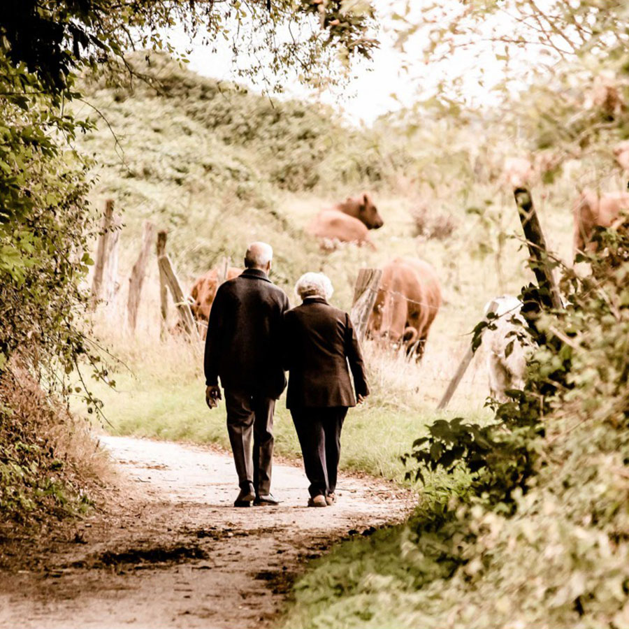 Couple de retraités se promenant à la campagne en préparant leur retraite